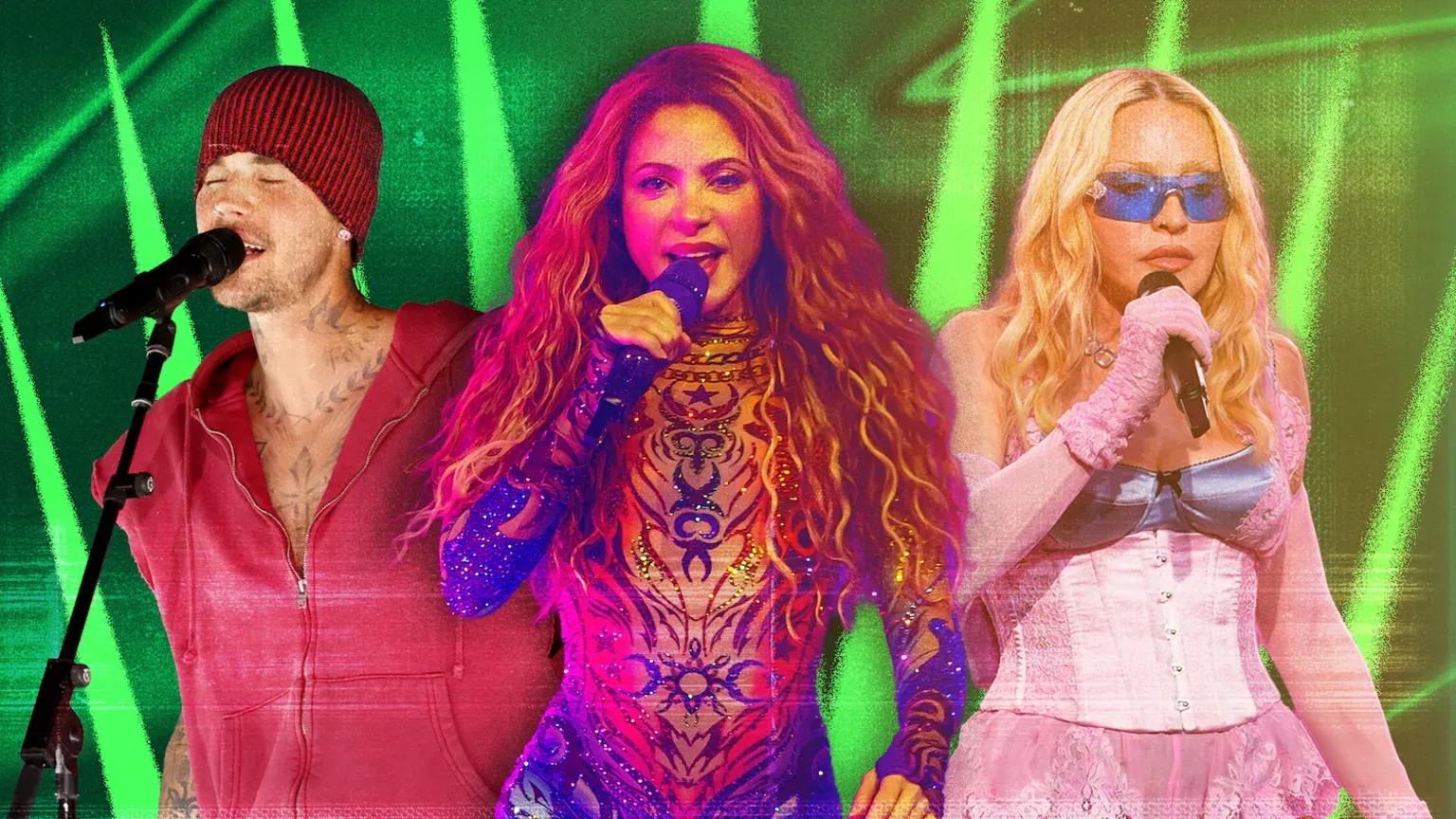 BBC/ Getty Images Picture of Justin Bieber in a red outfit singing into a microphone, Shakira in an embellished bodysuit singing into a microphone and Madonna in a pink corset singing into a microphone set against a green background.