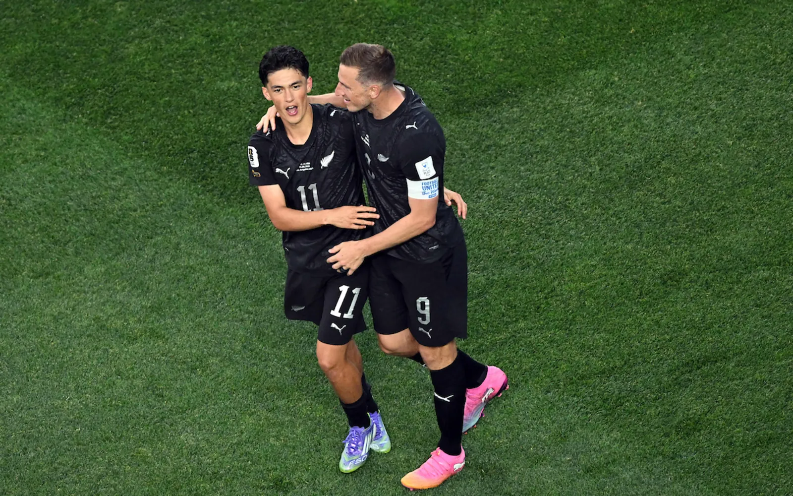 Eli Just of New Zealand celebrates his goal with Chris Wood (captain) of New Zealand, New Zealand All Whites v IR Iran, Group G football match of the FIFA World Cup 2026 at Los Angeles Stadium, Los Angeles, USA on Monday 15 June 2026. © Photo: Andrew Cornaga / Photosport